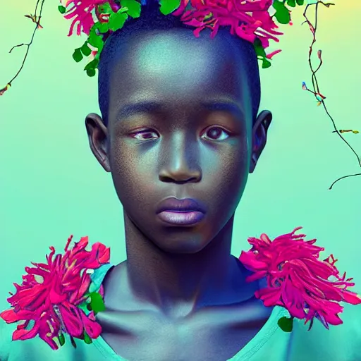 Image similar to colourful vfx art - portrait of nigerian boy wrapped in flowers & vines, art by hsiao - ron cheng & james jean, volumetric light, ray tracing, colourful, sharp, detailed, digital painting, illustration, illustration, highly detailed, intricate detail, unreal engine, octane render, pinterest, behance, art station,