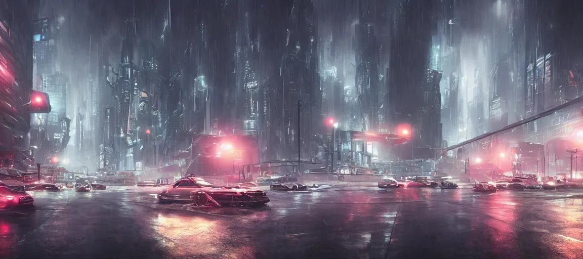 Image similar to futuristic city landscape with cars, concept art, wide angle, hyper realistic, artstation, moody, rainy, 4 k, volumetric lighting,