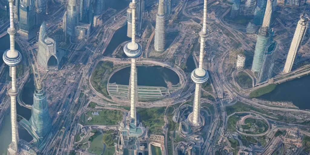 Prompt: a very high resolution image from a new movie, oriental pearl tower, front view, upside - down, shining, photorealistic, photography, directed by wes anderson