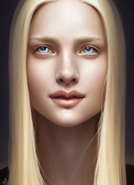 Image similar to beautifully symmetrical face, portrait of young woman blessed with ever - increasing physical and mental perfection, realism, blonde hair, coquettish perfect face!! intricate, elegant, highly detailed, vision of holy perfection!! smile, digital painting, artstation, concept art, smooth, sharp focus, illustration, art by artgerm and greg rutkowski and alphonse mucha