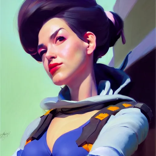 Image similar to greg manchess portrait painting of abigale shapiro as overwatch character, medium shot, asymmetrical, profile picture, organic painting, sunny day, matte painting, bold shapes, hard edges, street art, trending on artstation, by huang guangjian and gil elvgren and sachin teng