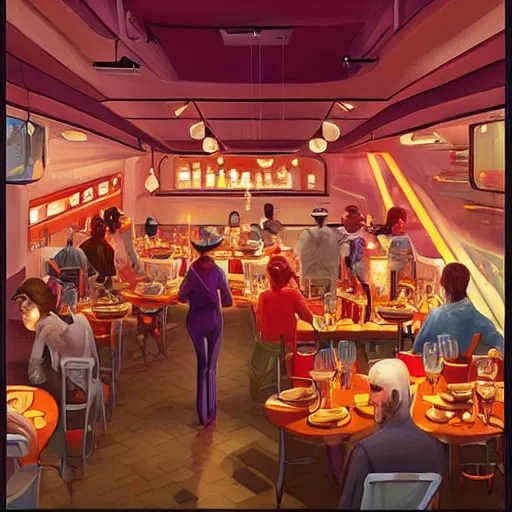 Image similar to The restaurant at the end of the universe. Digital painting. Trending on Pinterest, ArtStation