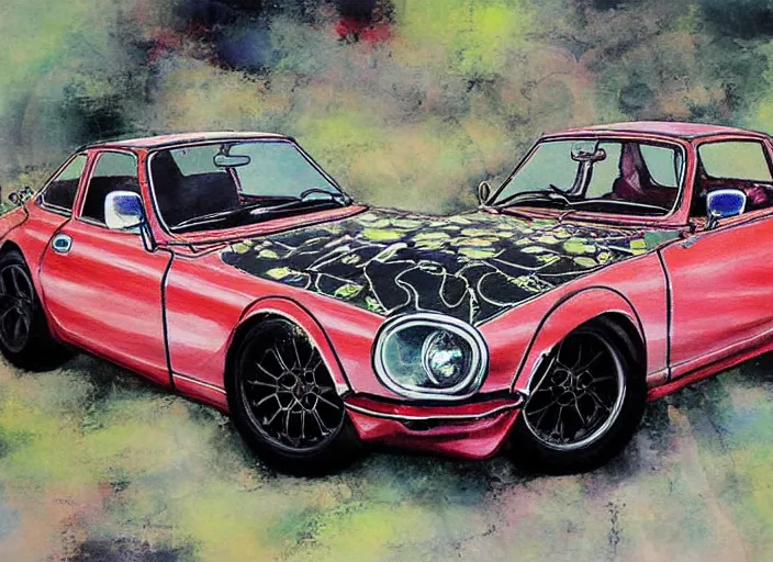 Image similar to beautiful yoshitaka amano art of a datsun fairlady roadster detailed painting