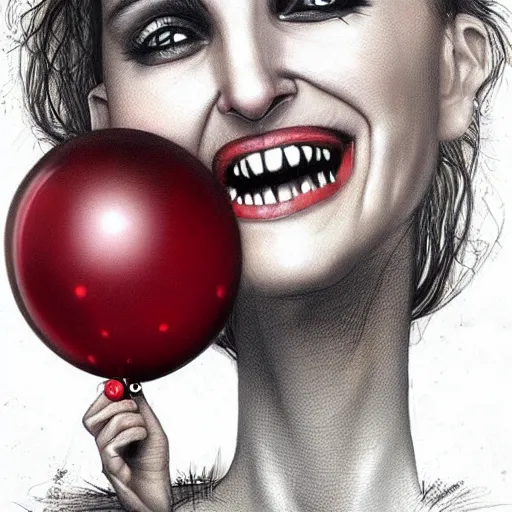 Prompt: surrealism grunge cartoon portrait sketch of natalie portman with a wide smile and a red balloon by - michael karcz, loony toons style, mad max style, horror theme, detailed, elegant, intricate