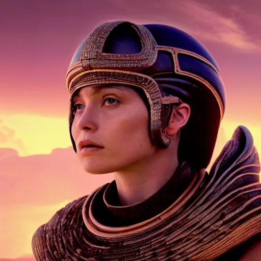 Image similar to beautiful Fine art photo of a young woman wearing a futuristic mayan helmet, photorealistic, high quality, sunset lighting, in the movie Dune, 8k