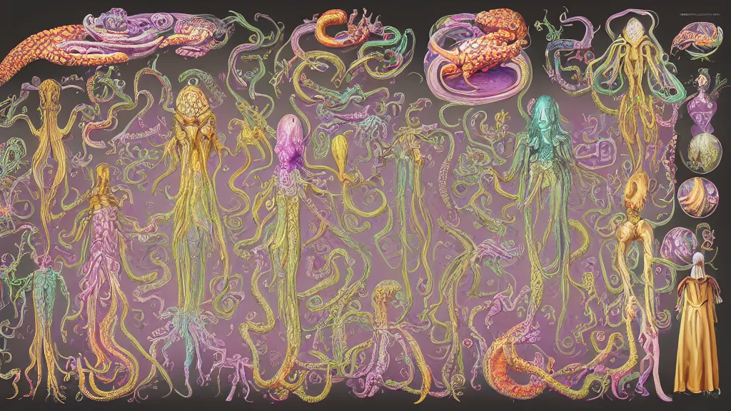 Image similar to highly detailed colorful character sheet for a stocky alien extraterrestrial victorian female servant maid with thick snake - like tentacles instead of hair, long dress with apron, ernst haeckel, jim henson creature shop, digital art, trending on artstation, hd, 8 k, good lighting, beautiful, rough paper, masterpiece