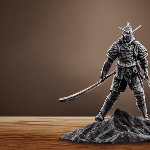 Image similar to 3 d printed fantasy miniature figure warrior on a wooden table photography realistic, detailed