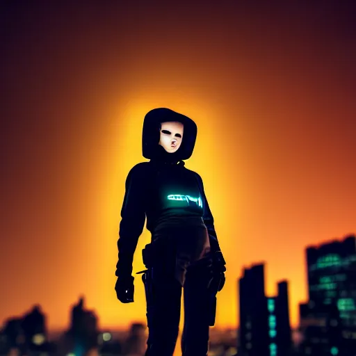 Image similar to photographic portrait of a techwear woman holding a Glock 18, closeup, on the rooftop of a futuristic city at night, sigma 85mm f/1.4, 4k, depth of field, high resolution, 4k, 8k, hd, full color