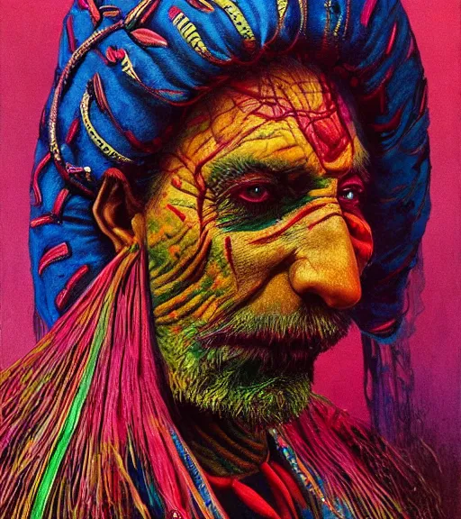 Image similar to Portrait painting in a style of Beksinski mixed with Alex Grey of an old shaman dressed in a colorful traditional clothes.