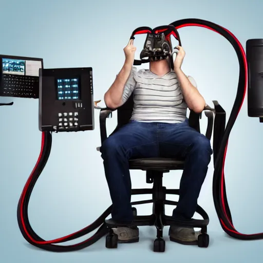 Prompt: person in a chair with their head hooked up to cables and machinery, coherent