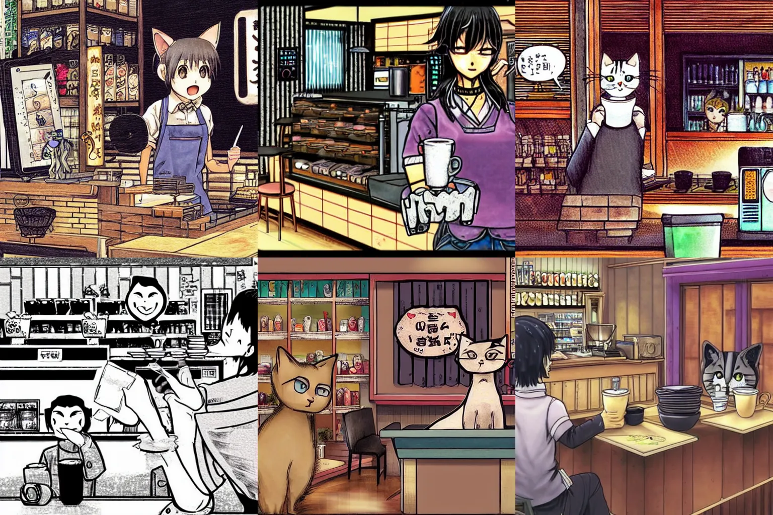 Prompt: a cat is working in a coffee shop, serving customers. still manga art by Paru Itagaki.