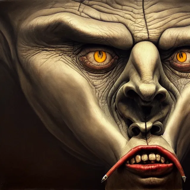 Image similar to gediminas pranckevicius | close up portrait of a the devil in the sinister valley of despair, one mouth, one nose, two eyes, oil painting by tomasz jedruszek, cinematic lighting, pen and ink, intricate line, hd, 4 k, million of likes, trending on artstation