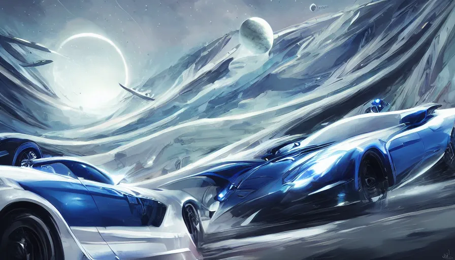 Image similar to white and royal blue luxurious concept sportscar driving down on a luxurious road on interstellar solar system with nearby planets seen from the distance, advanced highway, star trek style, by peter mohrbacher, jeremy mann, francoise nielly, android james, ross tran, beautiful, award winning scenery, 8 k quality, clean details, serene, sakura season