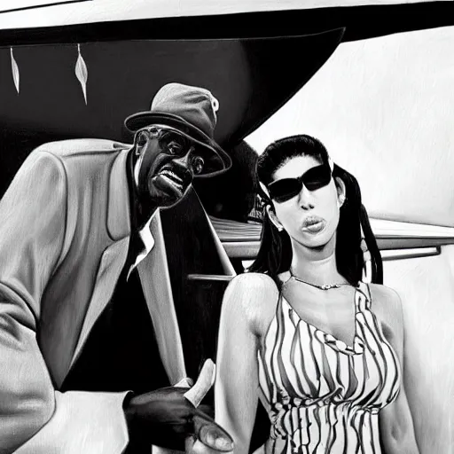 Prompt: beautiful lifelike painting of flava flav and amy winehouse buying a yacht in dubrovnik, hyperreal detailed facial features and uv lighting, art by ed roth and basil wolverton