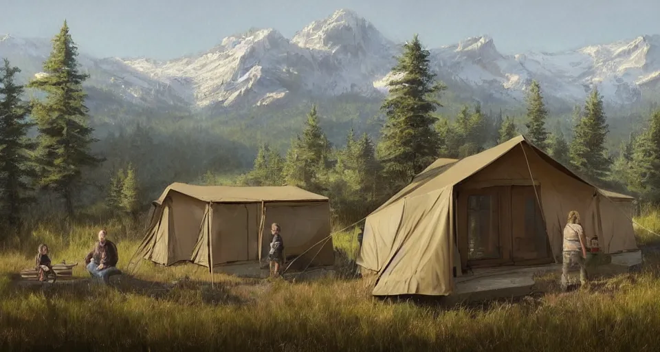 Image similar to cabela's beautiful comfortable modular insulated wall kit - house all weather family dwelling tent house, person in foreground, mountainous forested wilderness open fields, beautiful views, painterly concept art, joanna gaines, environmental concept art, farmhouse, magnolia, concept art illustration, by james gurney, by craig mullins, by greg rutkowski trending on artstation