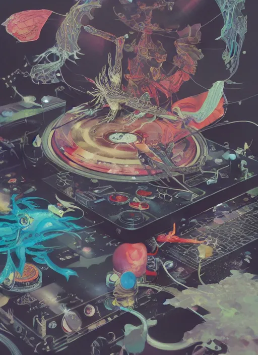 Image similar to surreal gouache painting, by yoshitaka amano, by ruan jia, by Conrad roset, by good smile company, detailed anime 3d render of a Magical flying Vinyl records , DJ Mixer, deck surrounded by Dragonfly,flying Vinyl records, controller, portrait, cgsociety, artstation, rococo mechanical and Digital and electronic, dieselpunk atmosphere