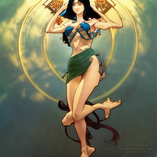 Image similar to highly detailed vfx portrait of nico robin by eiichiro oda, makoto shinkai, alphonse mucha, sharp focus, art by artgerm and greg rutkowski!, backlit, harsh overhead sunlight, blue eyes, stanley kybric, yusuke murata, pixiv, fanbox,