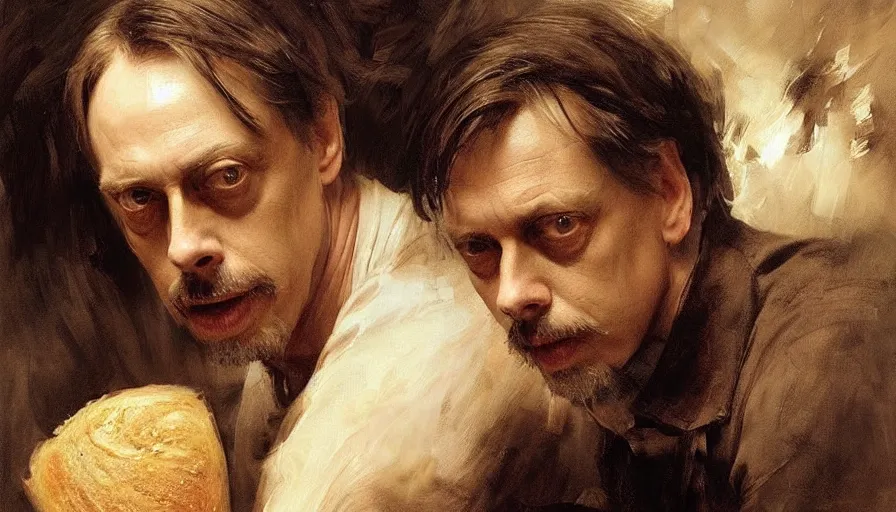 Image similar to beautiful portrait of steve buscemi as a loaf of bread, art by anders zorn, wonderful masterpiece by greg rutkowski, beautiful cinematic light, american romanticism thomas lawrence, greg rutkowski