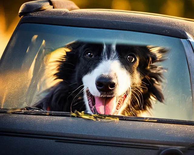 Image similar to border collie dog in the driver's seat of an orange nissan note, paws on wheel, car moving fast, rally driving photo, award winning photo, golden hour, front of car angle, extreme motion blur, 3 0 0 mm lens