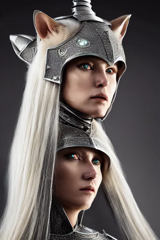 Image similar to female knight wearing a real cat on her head, armor designed by wayne barlowe, swarovski and tiffany, blonde hair, symmetry, sci - fi, cinematic, elegant, luxury, perfect light, perfect composition, dlsr photography, sharp focus, dark fantasy, 4 k, ultra hd, sense of awe, highly detailed, realistic, intricate