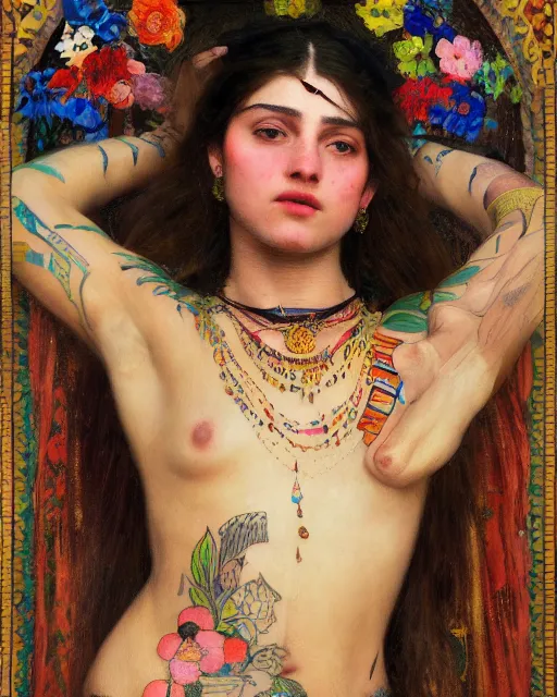 Prompt: a beautiful girl with colourful tribal tattoos surrounded by colourful flowers orientalist intricate portrait by john william waterhouse and edwin longsden long and theodore ralli and nasreddine dinet, oil on canvas. cinematic, hyper realism, dramatic lighting, high detail 8 k