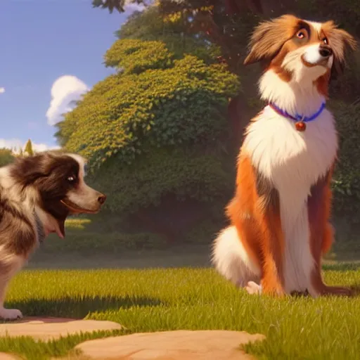 Prompt: a wholesome animation key shot of an australian shepherd, studio ghibli, pixar and disney animation, sharp, rendered in unreal engine 5, anime key art by greg rutkowski, bloom, dramatic lighting