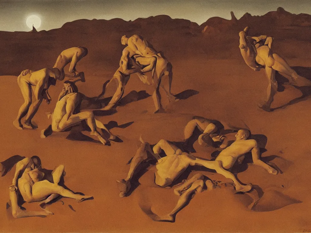 Prompt: Men wrestling in the mud, sculpted by Henri Moore. Moon light alien desert landscape. Painting by Georges de la Tour, Balthus, Roger Dean