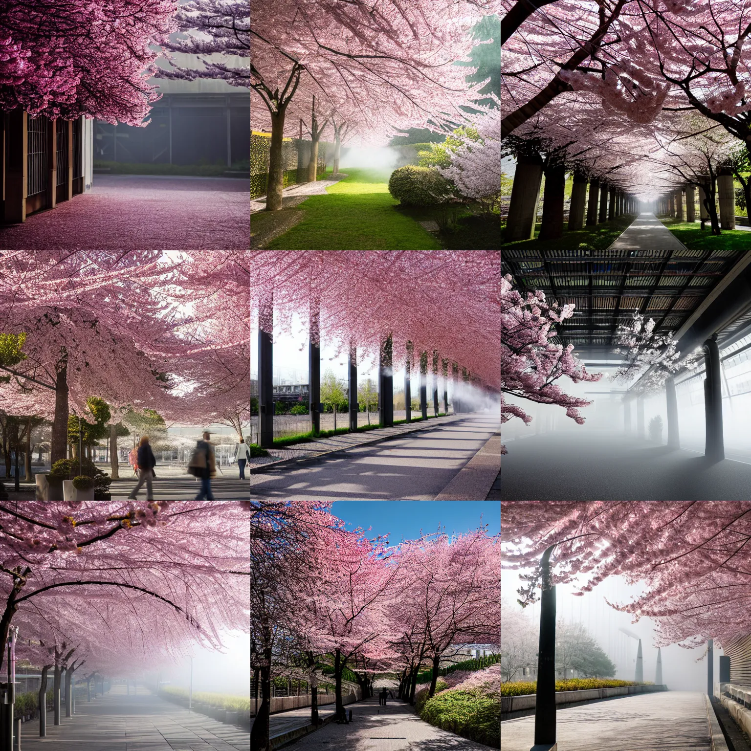 Prompt: volumetric hazy komorebi through cherry blossom trees in an industrial complex of organic architecture