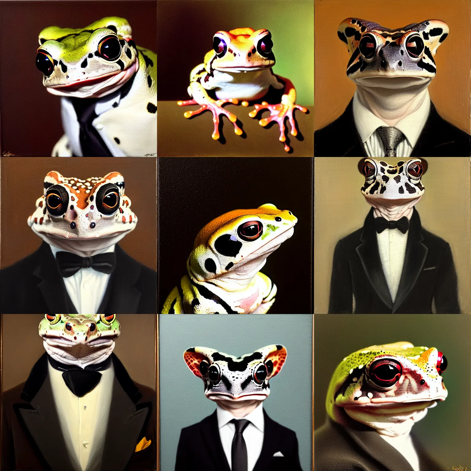 Prompt: a head - and - shoulders portrait of an amazon milk frog looking off camera wearing a black suit jacket | tan vest | white ascot, an american romanticism painting, a portrait painting, cgsociety, soft focus, oil on canvas