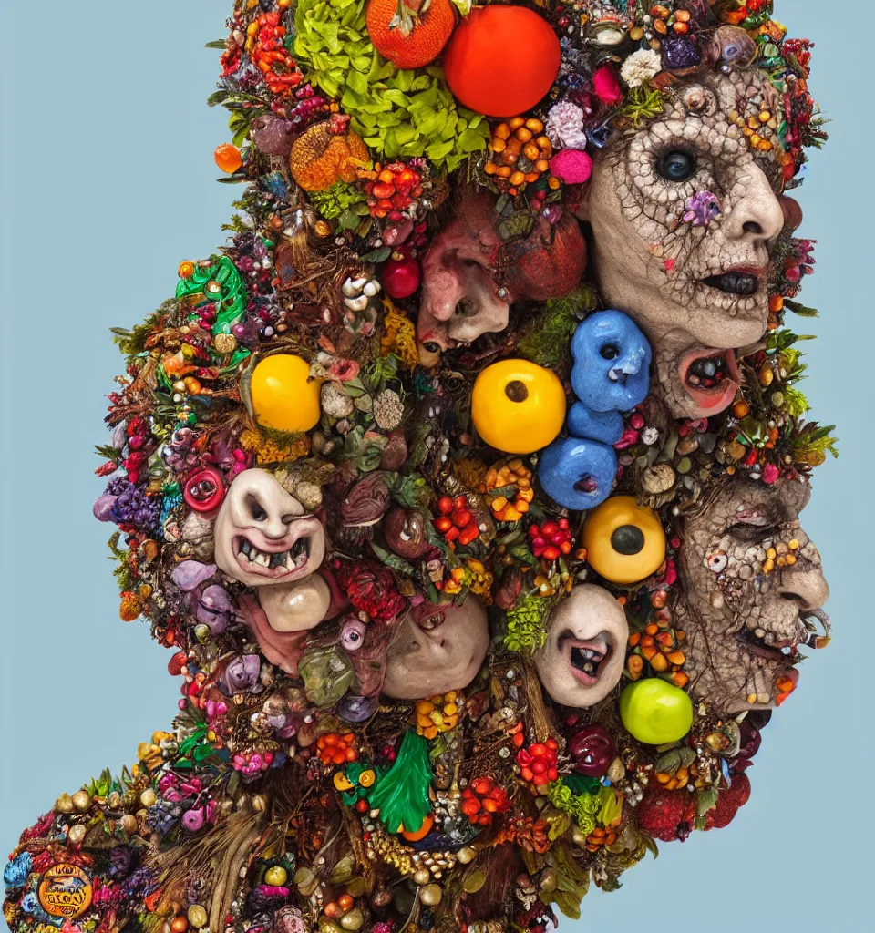 Prompt: portrait headshot of a scary nature spirit, head made of fruit gems and flowers in the style of arcimboldo, ashley bickerton, fragonard, photorealistic, dynamic lighting, action figure, clay sculpture, claymation, dull blue cloudy background