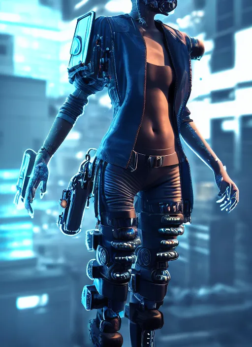 Image similar to highly detailed cyberpunk character wearing stylish cyberpunk clothes, unreal engine, fantasy art, global illumination, radiant light