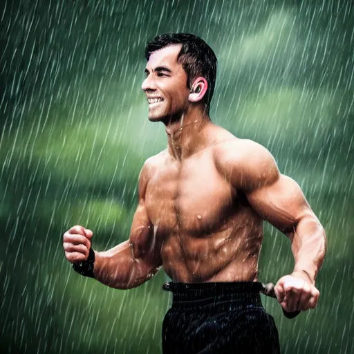 Image similar to a handsome young man working out in the rain, cyborg, photo, cybernetic implants