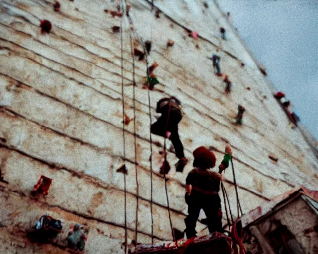 Image similar to lomo photo of roofjumpers climbing on roof of soviet hrushevka, small town, cinestill, bokeh, out of focus