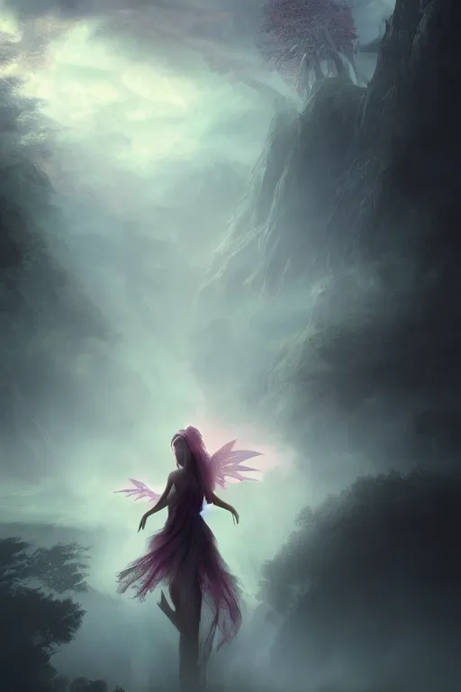 Prompt: gorgeous awe - inspiring fairy appears from a misty landscape, fantasy concept art, mystical, smooth, sharp focus, volumetric lighting, in the style of the lord of the rings, artstation, cinematic color grading
