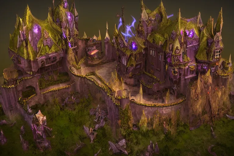 Image similar to big evil fairy castle - city rock dark shadow elves, might and magic heroes 7, dark fantasy, shadows, artstation trending, unreal engine 5, red