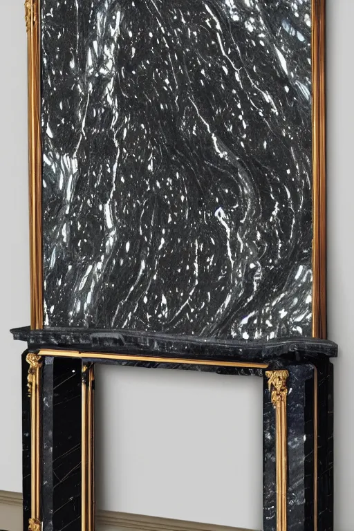 Image similar to dripping melted sapphire on black veined marble hyperrealistic lighting shine baroque rococo