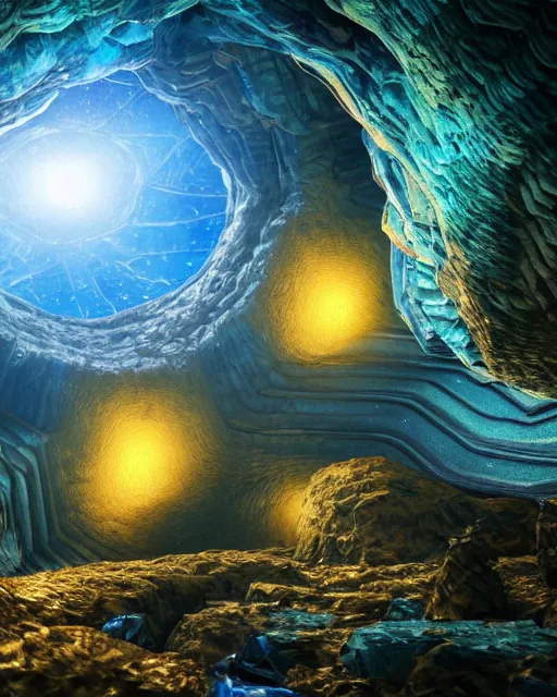 Image similar to the most beautiful star system inside of a crystal clear cave,, coherent design, symmetrical, concept art, vivid color, complementary color, golden ratio, detailed, sharp lines, intricate, rainbowshift, in unreal engine, octane render