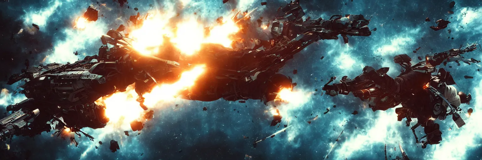 Prompt: space pirate shooting, action scene, explosions, in the style of Robert Kirkman, dramatic, HD, 4K
