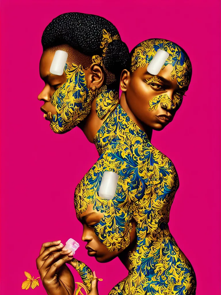 Image similar to fragrance advertising campaign by kehinde wiley, highly detailed, intricate, saturated colors