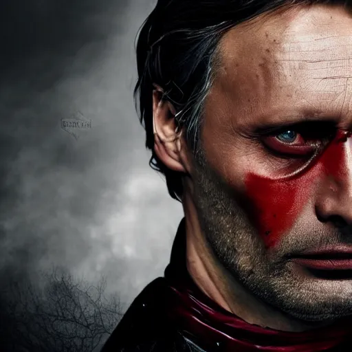 Image similar to mads mikkelsen as a vampire, male, late - 4 0 s aged, shoulder length hair, slicked black hair, red eyes, clean shaven, wearing a cape, regal, royal, grim facial expression, high medieval fantasy, full color digital art, cinematic shot, portrait, wide shot.