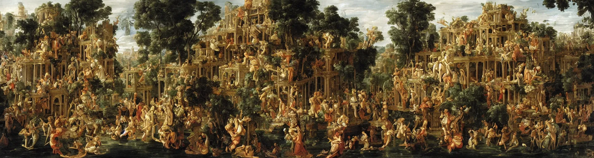 Prompt: baroque painting of the hanging gardens of babylon