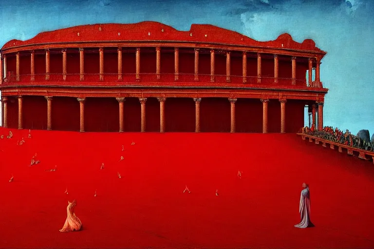 Image similar to only with red, a red melted emperor, taormina amphitheatre, crowd hails him happy, in the style of beksinski, parts by edward hopper, parts by rodcenko, parts by yue minjun, intricate and epic composition, red by caravaggio, insanely quality, highly detailed, masterpiece, red light, artstation, 4 k