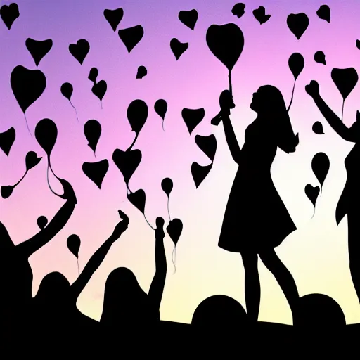 Image similar to silhouette of young women at a party with balloons and lots of hearts floating in the air