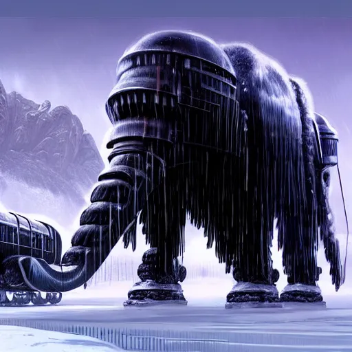 Prompt: a futuristic black steam train and a giant mammoth, post - apocalyptic ice landscape with heavy snow, concept art, artstation, highly detailed, digital art