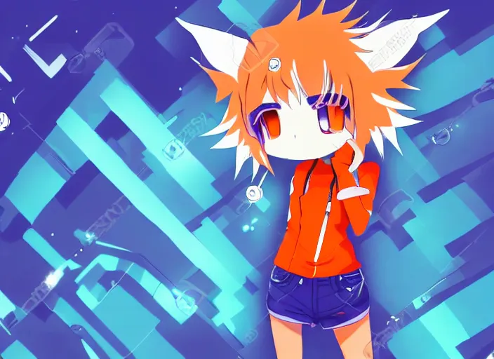 Image similar to An anime style girl with silver hair, orange eyes and fox ears and tail who is wearing street style outfit. She is playing DJ in a nightclub, pixel art.