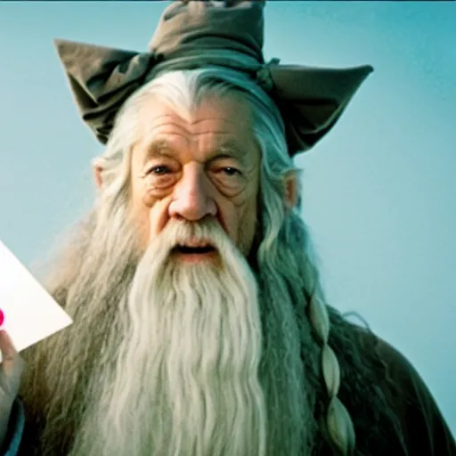 Image similar to portrait of gandalf, wearing a Hello Kitty bow, holding a blank playing card up to the camera, movie still from the lord of the rings