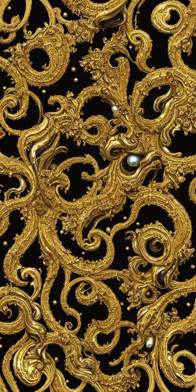 Image similar to subsurface scattering, seamless 3 d baroque gold and black pattern, beautiful dynamic shadows, gold silver iridescent pearls and swarovski crystals, symmetrical, rococo elements, damask pattern, swirls and spirals, dolce and gabanna, michelangelo, iris van herpen artstation, versace pattern, concept design art, octane render, 8 k