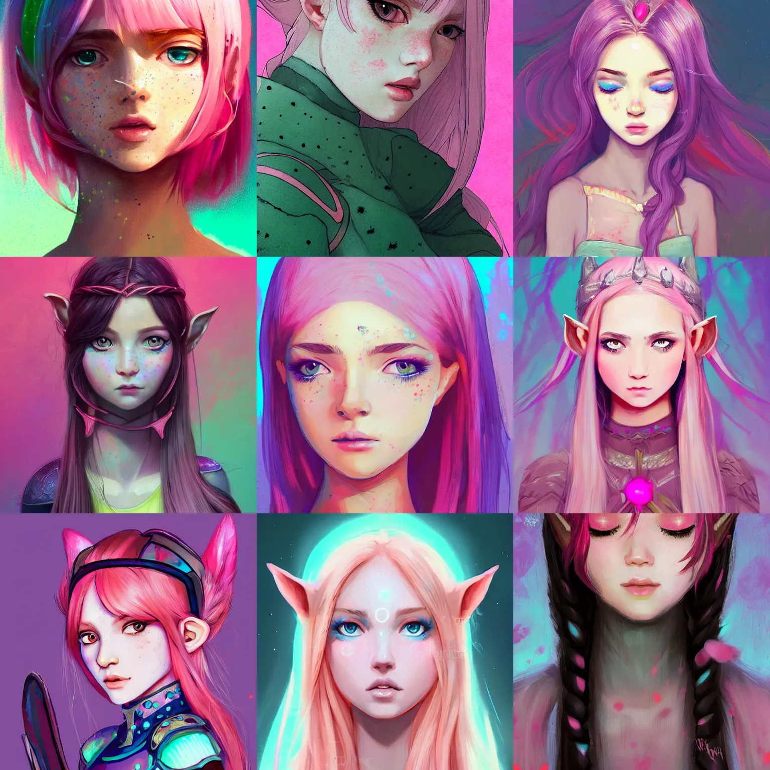 Prompt: girl portrait, elven warrior princess, head and shoulders, matte print, pastel pink palette with neon highlights, digital art, cute freckles, digital painting, fan art, elegant, pixiv, by Ilya Kuvshinov, daily deviation, IAMAG, illustration collection aaaa updated watched premiere edition commission ✨ whilst watching fabulous artwork \ exactly your latest completed artwork discusses upon featured announces recommend achievement