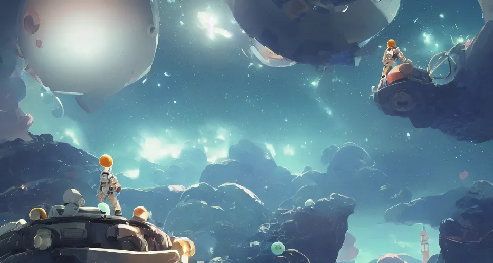 Image similar to astroneer chasing a distant spaceship Anime, wide angle, fine details, cinematic. galaxy starscape. realistic shaded lighting by Ilya Kuvshinov Giuseppe Dangelico Pino and Michael Garmash and Rob Rey greg rutkowski, octane render, IAMAG premiere, aaaa achievement collection, elegant freckles, cinematic hologram, fabulous, daily deviation, 4k, 8k, annual award winner