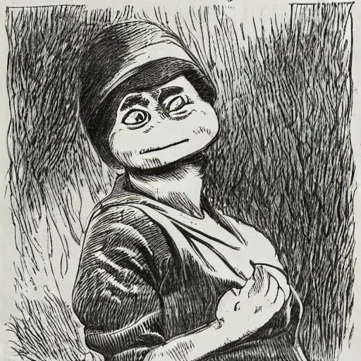 Prompt: julenisse, lavenisse, pepe the frog, by theodor severin kittelsen, kjell aukrust, ink drawing, dip pen